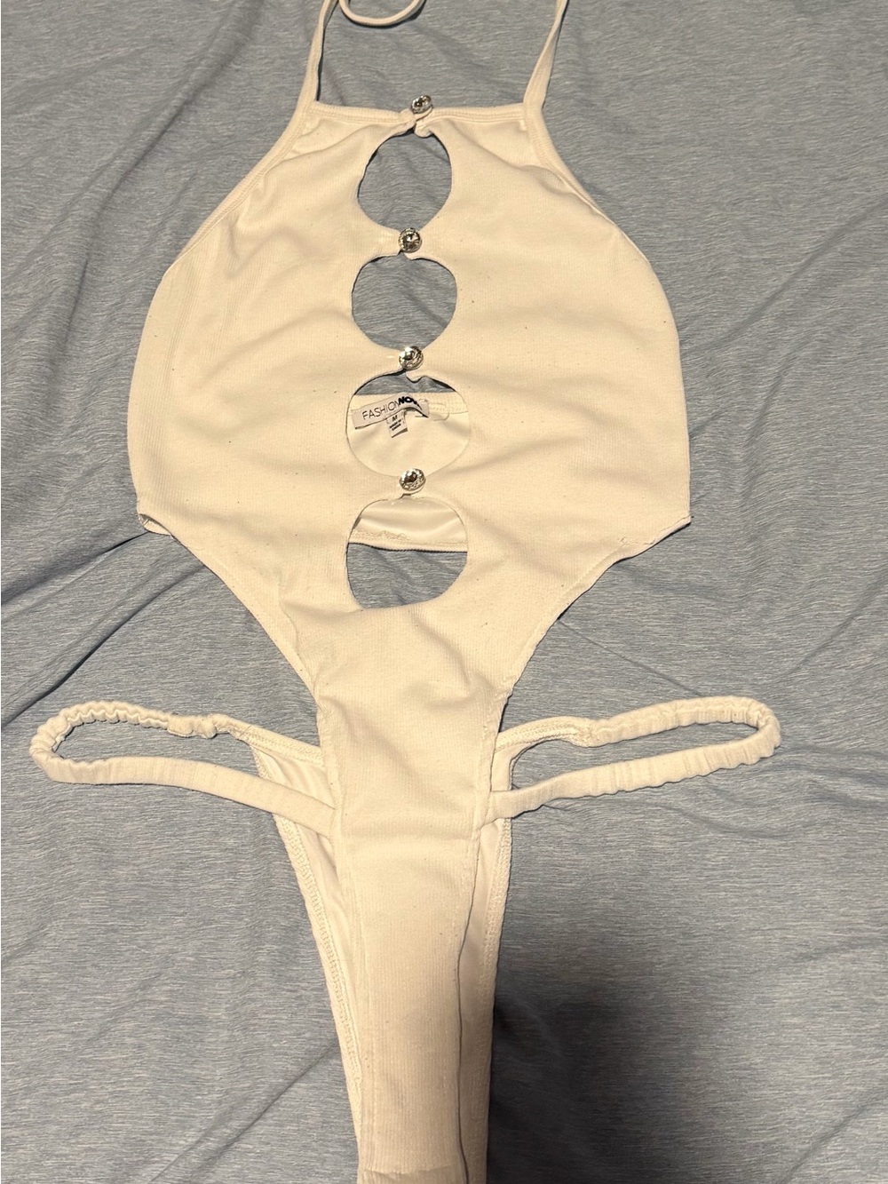 Fashion Nova White Thong Bodysuit with Diamond Button Accents